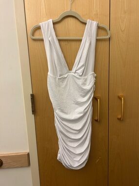 White Ruched V-Neck Bodycon Dress